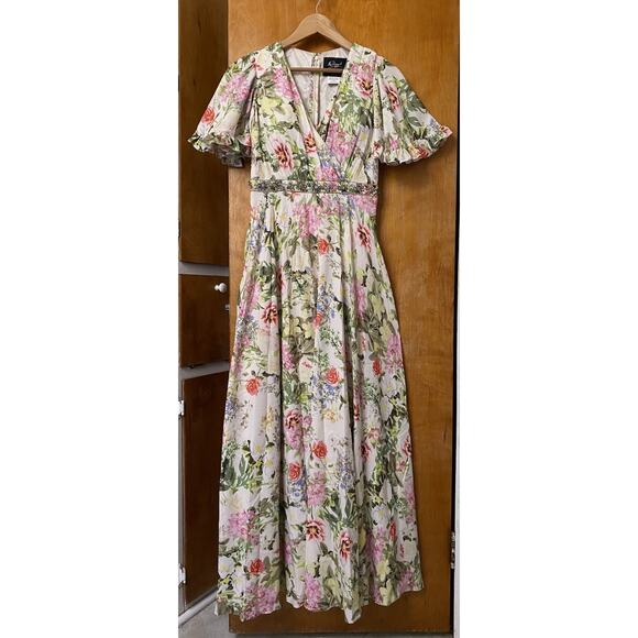 MAC DUGGAL Floral Print Maxi Dress Gown 9079 Beaded Waist Flutter Sleeve Sz 4 - Picture 3 of 10